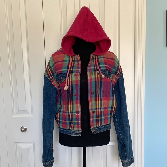 Rare Vintage Jordache Medium Denim with Colorful Plaid Accents Button Up Jacket - Picture 4 of 10